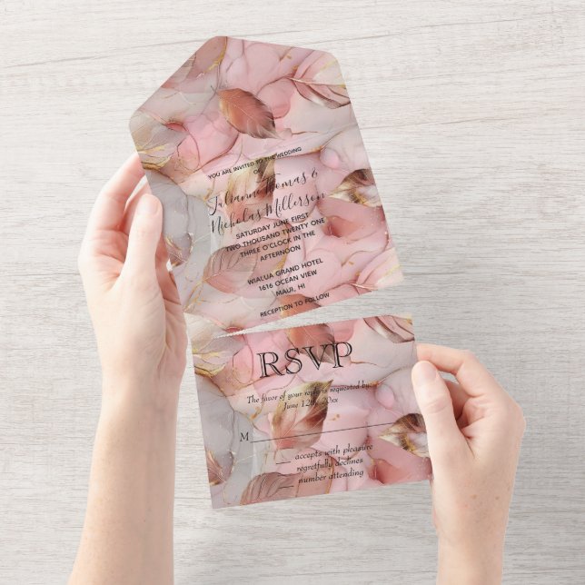 Romantic Rose Blush Pink Gold Leaf Wedding All In One Invitation (Tearaway)