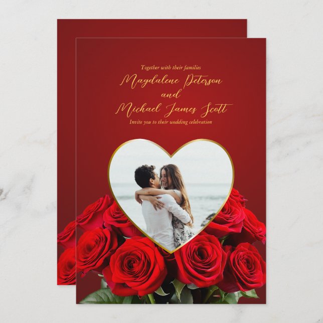 Romantic Rose Bouquet Heart Frame Photo Wedding Invitation (Front/Back)