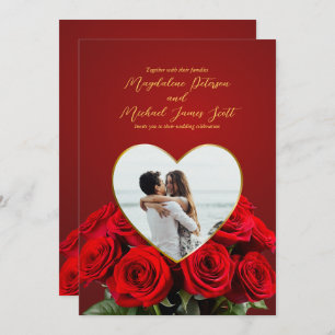 Romantic Rose Bouquet Heart Frame Photo Wedding Invitation