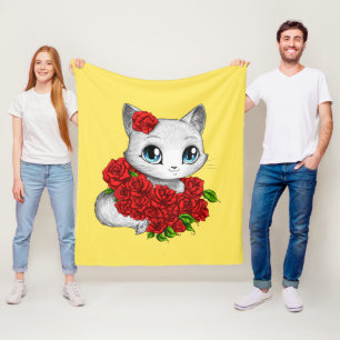 Romantic Rose Cat Art Yellow Fleece Blanket MEDIUM