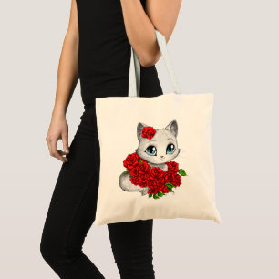 Romantic Rose Cat Tote Bag by Mei Yu