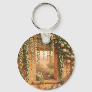 Romantic Rose Covered Stone Window Garden Key Ring