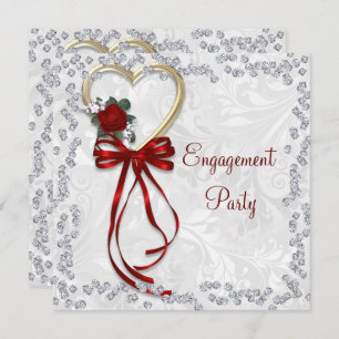 Romantic Rose, Diamonds & Red Ribbon Engagement Invitation