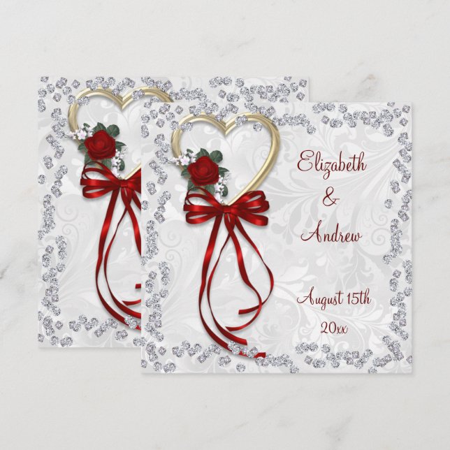 Romantic Rose, Diamonds & Red Ribbon Wedding Invitation (Front/Back)