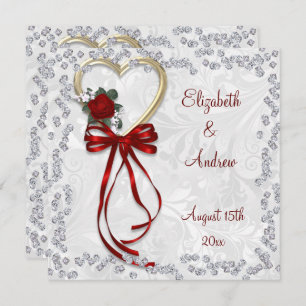 Romantic Rose, Diamonds & Red Ribbon Wedding Invitation