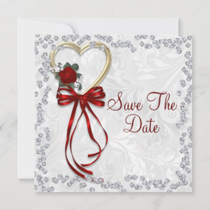 Romantic Rose, Diamonds & Red Ribbon Wedding Save The Date