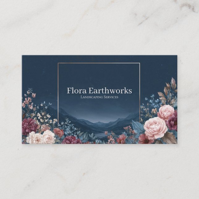 Romantic Rose Floral and Starry Valley Gold Frame Business Card (Front)