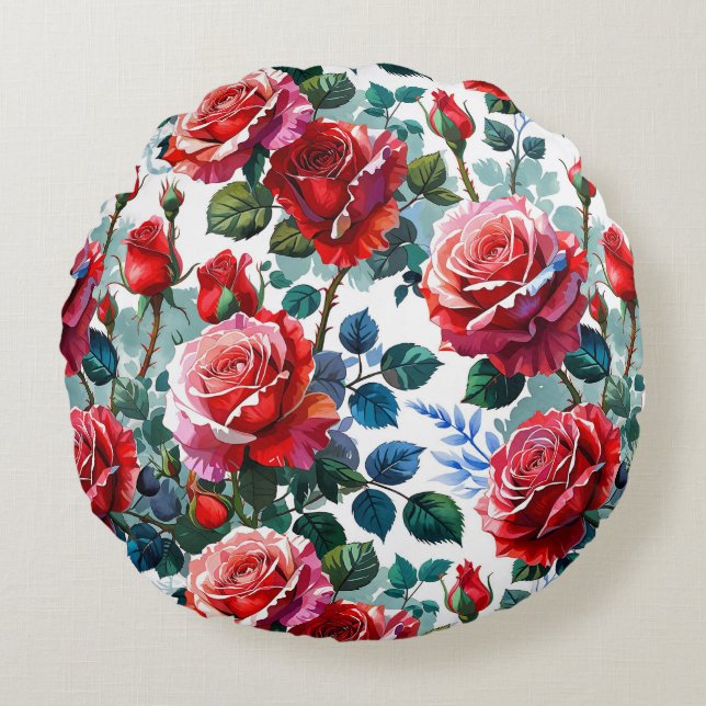 Romantic Rose Garden Print Round Cushion (Front)