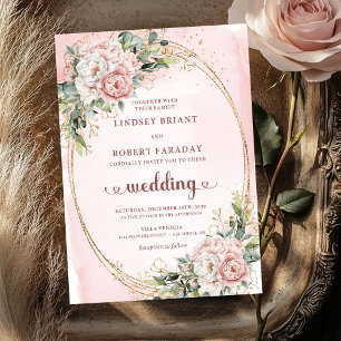 Romantic Rose Gold Blush Floral Greenery Wedding  Invitation