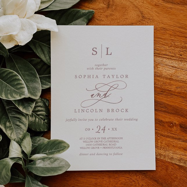 Romantic Rose Gold Calligraphy Monogram Wedding Invitation (Creator Uploaded)