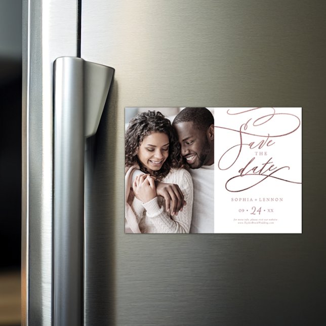 Romantic Rose Gold Calligraphy Photo Save the Date Magnetic Invitation (Creator Uploaded)