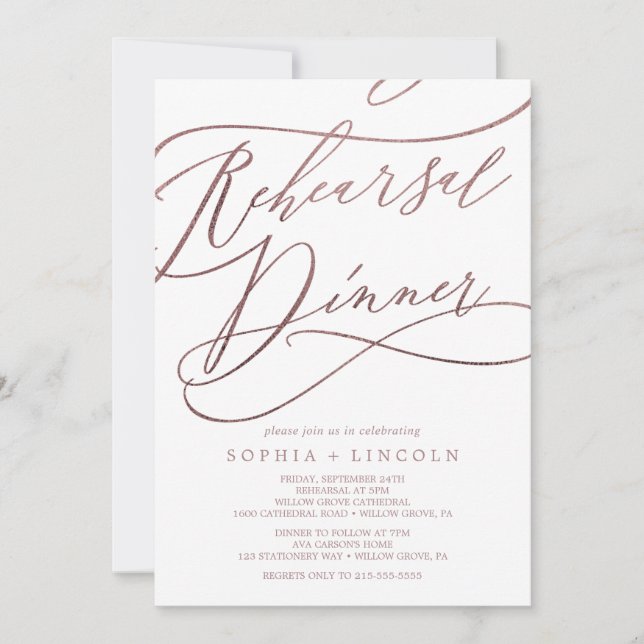 Romantic Rose Gold Calligraphy Rehearsal Dinner Invitation (Front)