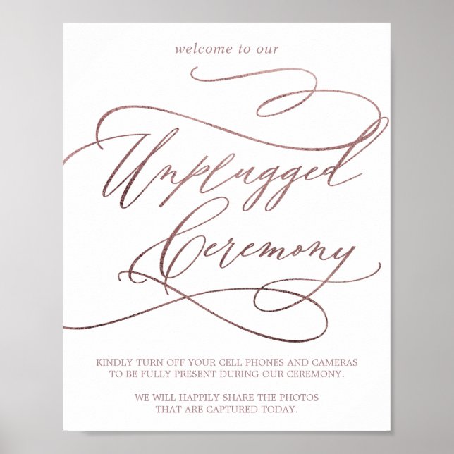 Romantic Rose Gold Calligraphy Unplugged Ceremony Poster (Front)