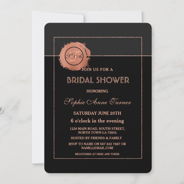 Romantic Rose Gold  Glitter Black Bridal Shower Invitation (Front)