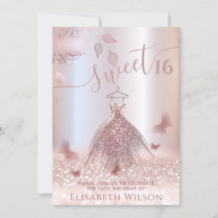 Romantic Rose gold glitter ombre dress butterfly Invitation