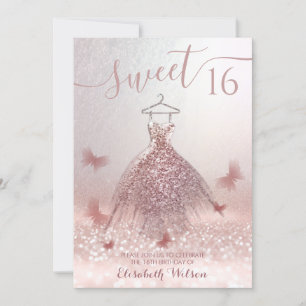 Romantic Rose gold glittery dress butterfly Invita Invitation