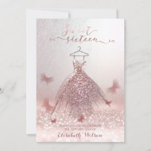 Romantic Rose gold glittery dress butterfly Invitation