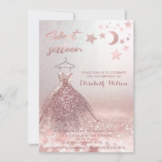 Romantic Rose gold glittery dress celestial  Invitation (Front)