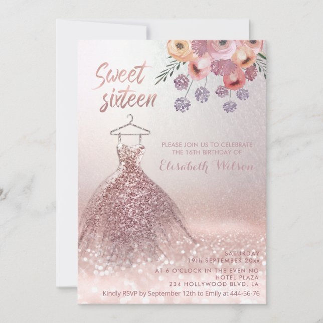 Romantic Rose gold glittery dress floral Invitatio Invitation (Front)