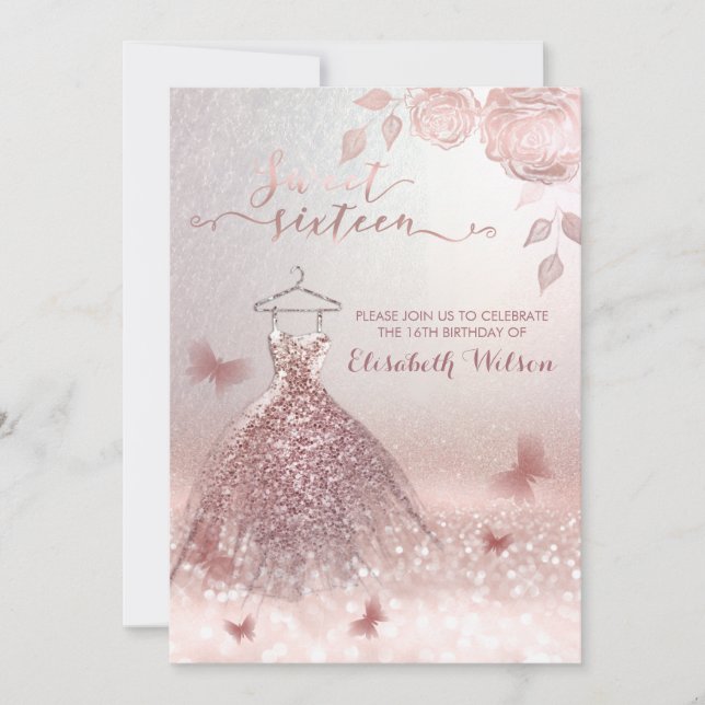 Romantic Rose gold glittery dress roses   Invitati Invitation (Front)