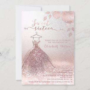 Romantic Rose gold glittery dress roses  Invitatio Invitation