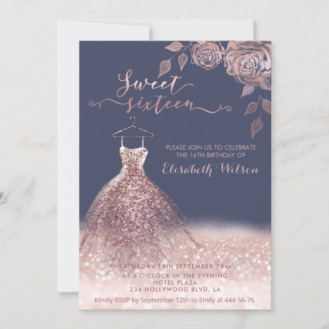 Romantic Rose gold glittery dress roses  Invitation (Front)