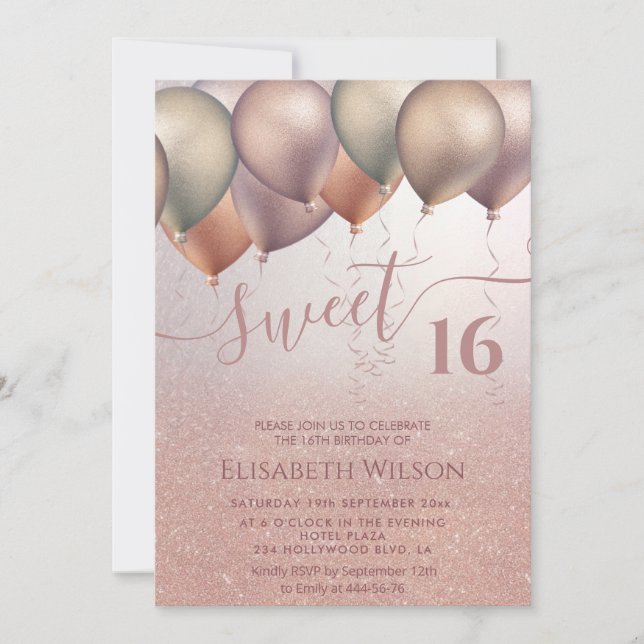 Romantic Rose gold glittery ombre balloon photo  I Invitation (Front)