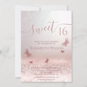 Romantic Rose gold glittery ombre butterfly  photo Invitation