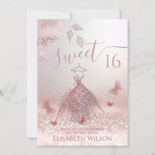 Romantic Rose gold glittery ombre dress butterfly  Invitation