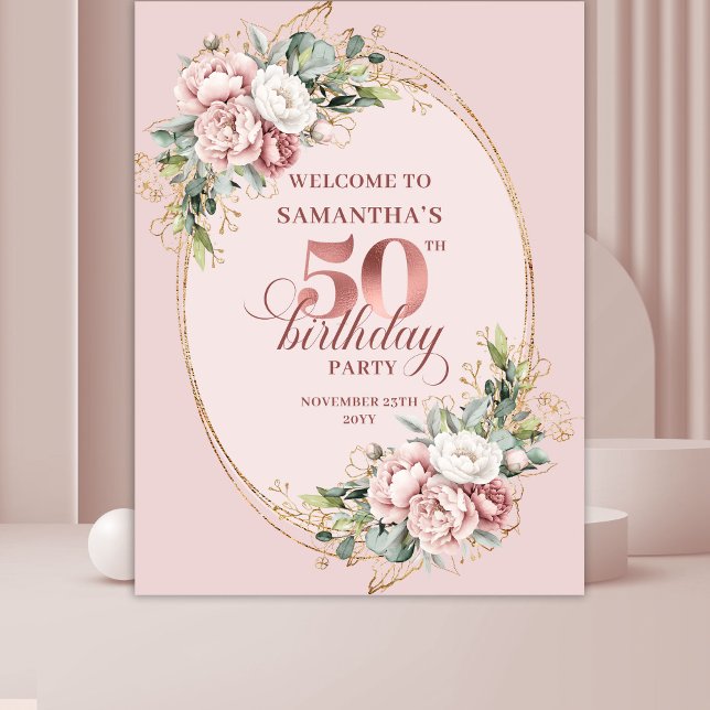 Romantic Rose Gold Greenery 50th Birthday Banner Tapestry (Romantic Rose Gold Greenery 50th Birthday Banner)