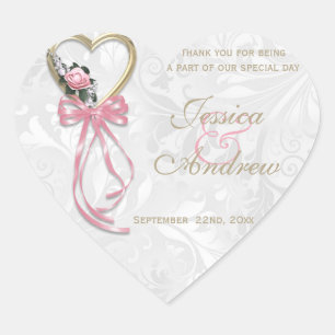 Romantic Rose, Gold Heart & Pink Ribbon Sticker