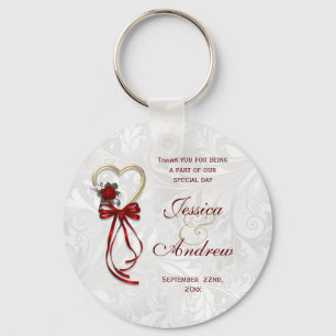 Romantic Rose, Gold Heart & Red Ribbon Key Ring