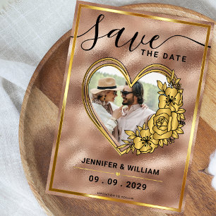 Romantic Rose Gold Heart-Shaped Photo Save The Date
