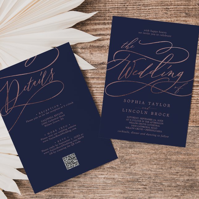 Romantic Rose Gold Navy All In One QR Code Wedding Invitation (Creator Uploaded)