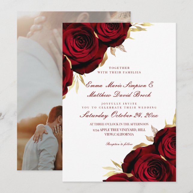 Romantic Rose Gold & Red Floral Wedding  Invitation (Front/Back)