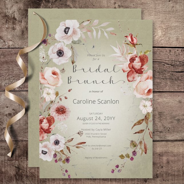 Romantic Rose Green Floral Bridal Brunch Invitation (Romantic Rose Green Floral Bridal Brunch Invitation)