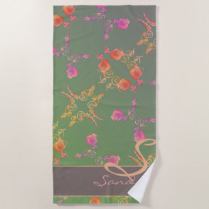 Romantic Rose Hearts & Plum Moss Monogram Beach Towel