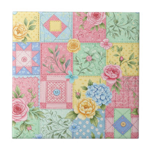 Romantic Rose Patchwork Pattern Ceramic Tile