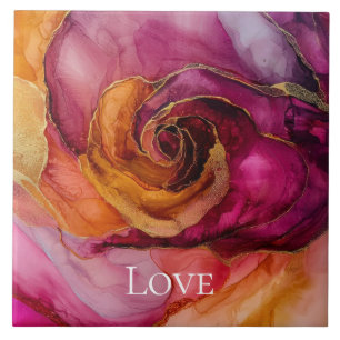Romantic Rose Peach Red Pink Gold Floral Love Ceramic Tile
