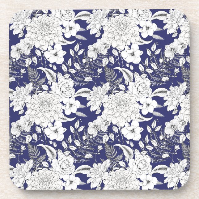 Romantic rose peony eucalyptus line drawing purple coaster (Front)