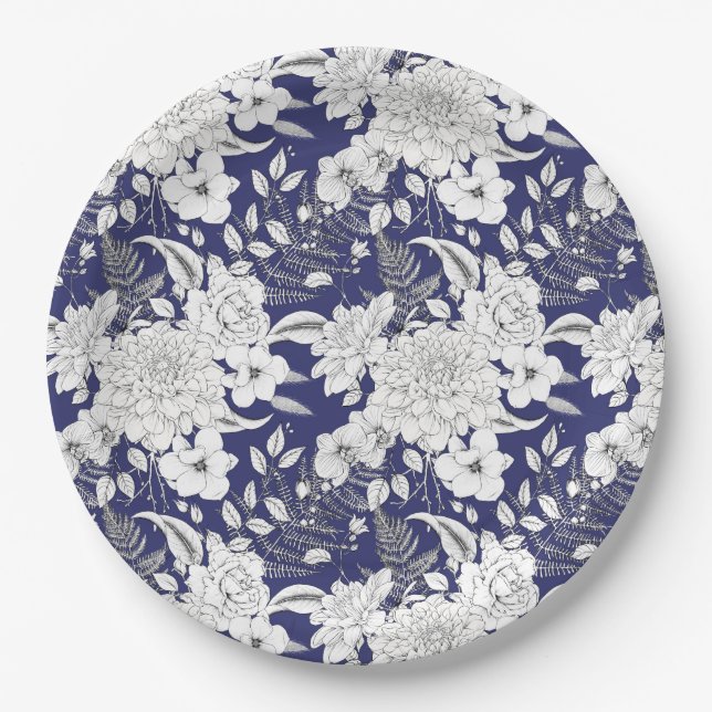 Romantic rose peony eucalyptus line drawing purple paper plate (Front)