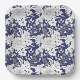 Romantic rose peony eucalyptus line drawing purple paper plate