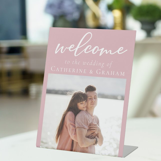 Romantic Rose Pink Couple Photo Wedding Welcome Pedestal Sign (Creator Uploaded)