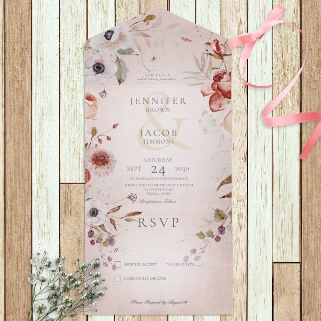 Romantic Rose Pink Floral No Dinner All In One Invitation (Creator Uploaded)