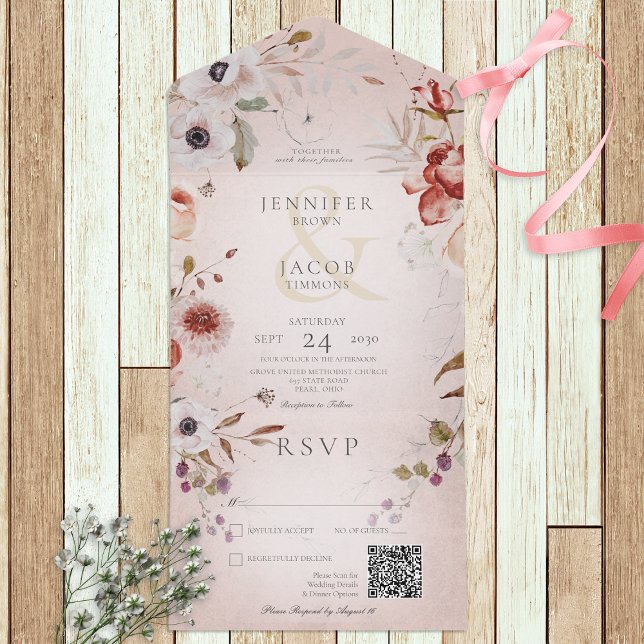 Romantic Rose Pink Floral QR Code All In One Invitation (Creator Uploaded)