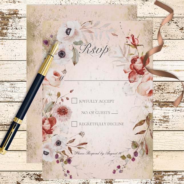 Romantic Rose Pink Gold Floral Wedding RSVP Card (Creator Uploaded)