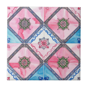 Romantic Rose Pink with Blue Floral Details Ceramic Tile