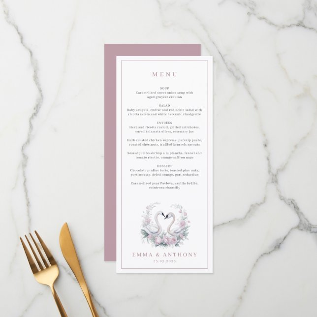 Romantic Rose Swan Couple Wedding Menu (Front/Back In Situ)