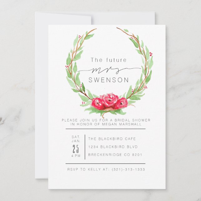 Romantic Rose Watercolor Wreath | Bridal Shower Invitation (Front)