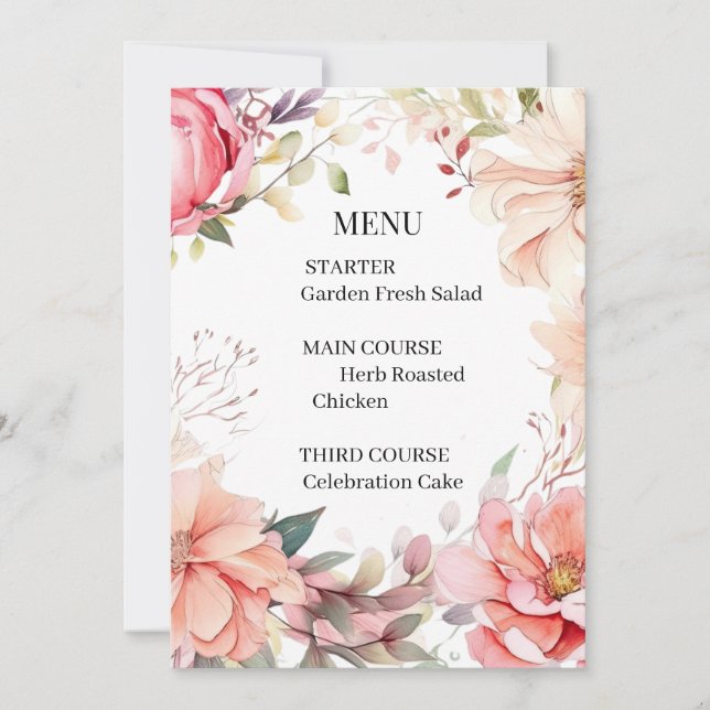 Romantic Rose Wedding Menu Card (Front)